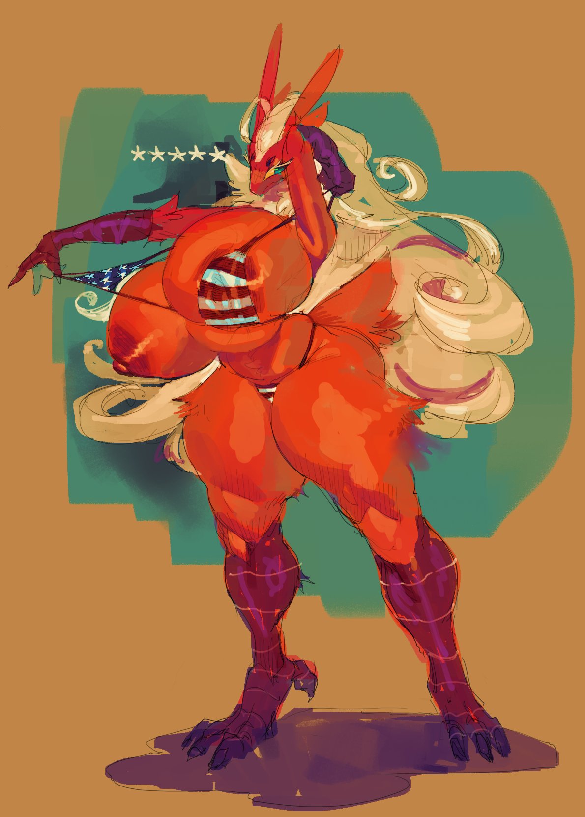 1girls, 2023, 2d, 2d (artwork), american flag, american flag bikini, anthro, anthro only, anthrofied, areola, areolae, avian, beak, big breasts, big thighs, bikini, blaziken, blonde female, blonde hair, breast squish, breasts, busty, claws, cleavage, drawfruit, female, female focus, female only, fluffy tail, fur, furry, furry female, furry only, generation 3 pokemon, green eyes, hair, hi res, highres, hourglass figure, huge breasts, large breasts, large thighs, long hair, looking at viewer, nintendo, nipple bulge, nipples, pokemon, pokemon (species), solo, solo female, solo focus, tail, thick thighs, thighs, tongue, tongue out, voluptuous, yellow fur, yellow sclera