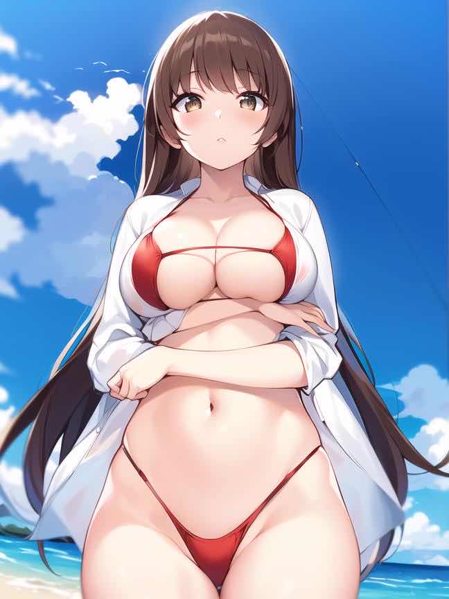 ai_generated aoyama_hatsune beach blue_sky brown_fur brown_hair close-up from_below hentai high_resolution highres huge_breasts jk_to_ero_giin_sensei nai_diffusion navel ocean outdoors pov red_bikini skyrimgamer17 stable_diffusion string_bikini unbuttoned_shirt