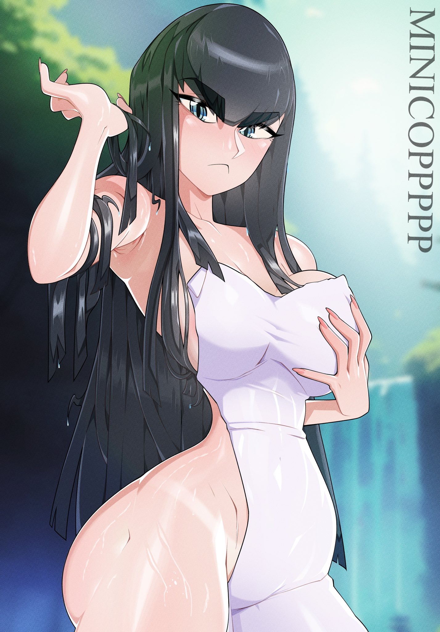 1girls, after shower, bangs, big breasts, black hair, blue eyes, breasts, child bearing hips, curves, curvy, curvy female, curvy figure, dark hair, exposed hips, female, female only, hair down, hip cleavage, hips, kill la kill, kiryuuin satsuki, large breasts, light skin, light-skinned female, minicop2001, thick, thin waist, towel, towel only, towel wrap, wet, wet body, wet skin, wide hips