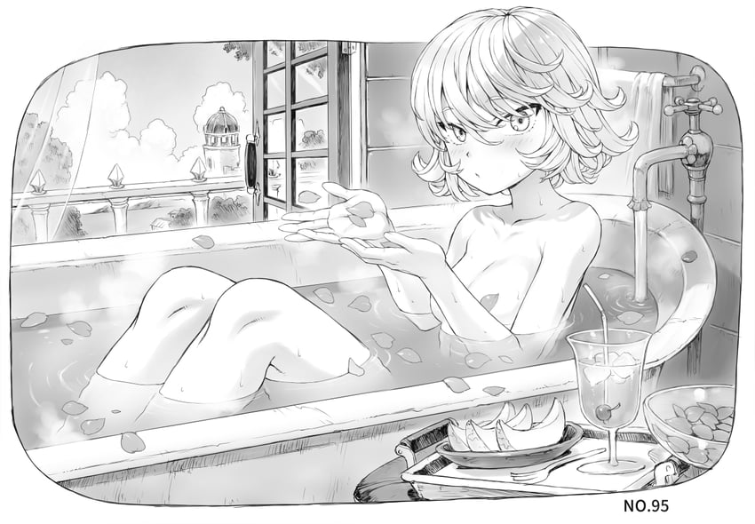 1girls bath bathing black_and_white border breasts cloud completely_nude convenient_censoring food fruit glass grayscale knees_up looking_at_viewer mogudan monochrome nude one-punch_man open_window petals short_hair sitting small_breasts solo suprised tatsumaki window