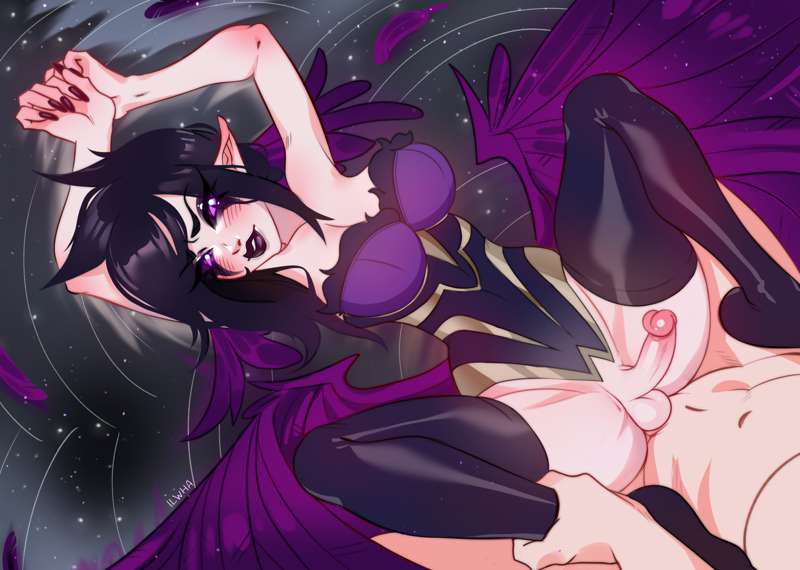 1boy, 1futa, anal, anal sex, areolae, athletic, athletic futa, balls, ballsack, big breasts, black hair, bottomless, breasts, clothed, clothing, dickgirl, elf, erection, futa focus, futanari, high-angle view, human, human penetrating, humanoid, humanoid penis, ilewdha, intersex, league of legends, light skin, light-skinned futa, light-skinned male, long hair, male, male on futa, morgana, nipples, nude, on back, pale-skinned futa, partially clothed, penetration, penis, riot games, thighhighs