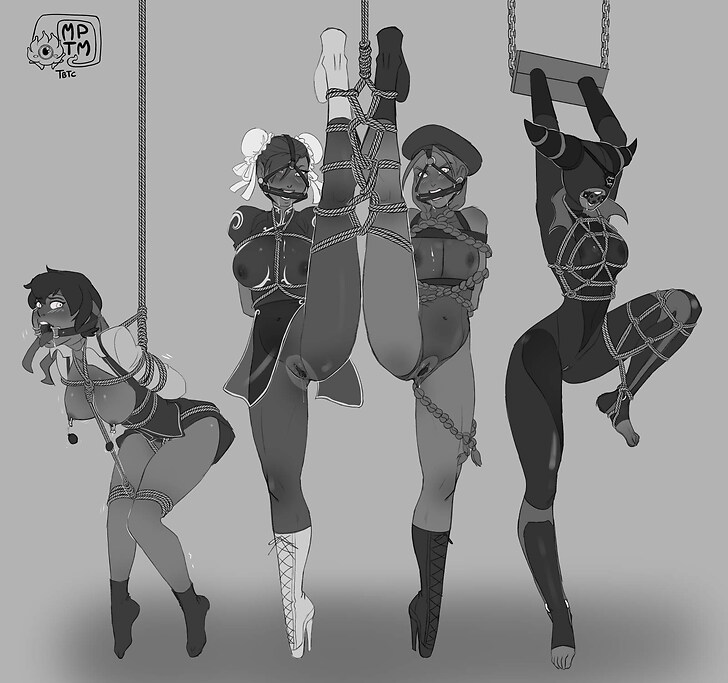 4girls alternate_costume arms_behind_back ball_gag ballet_boots bit_gag blush bodysuit bondage bonnet cammy_white capcom chun-li exposed exposed_breasts exposed_feet eyepatch feet female female_only femsub forced_presentation gag gagged hair_bondage harness_gag juri_han latex latex_bodysuit latex_mask leotard monochrome multiple_girls multiple_subs my_pet_tentacle_monster nipple_clamps nipple_weights open_mouth_gag pantyhose ring_gag rope_bondage sakura_kasugano street_fighter tied_legs tied_together transparent_clothing weights_(bdsm)