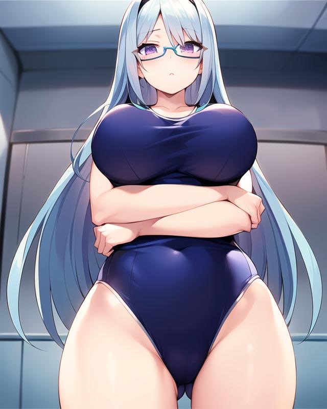 ai_generated blue_hair close-up curvy from_below gakuen_de_jikan_yo_tomare glasses hentai high_resolution highres huge_breasts long_hair looking_at_viewer nai_diffusion pov purple_eyes school_swimsuit shiny_clothes shiny_hair shiny_skin skyrimgamer17 stable_diffusion takahama_shizuru thick_thighs wide_hips