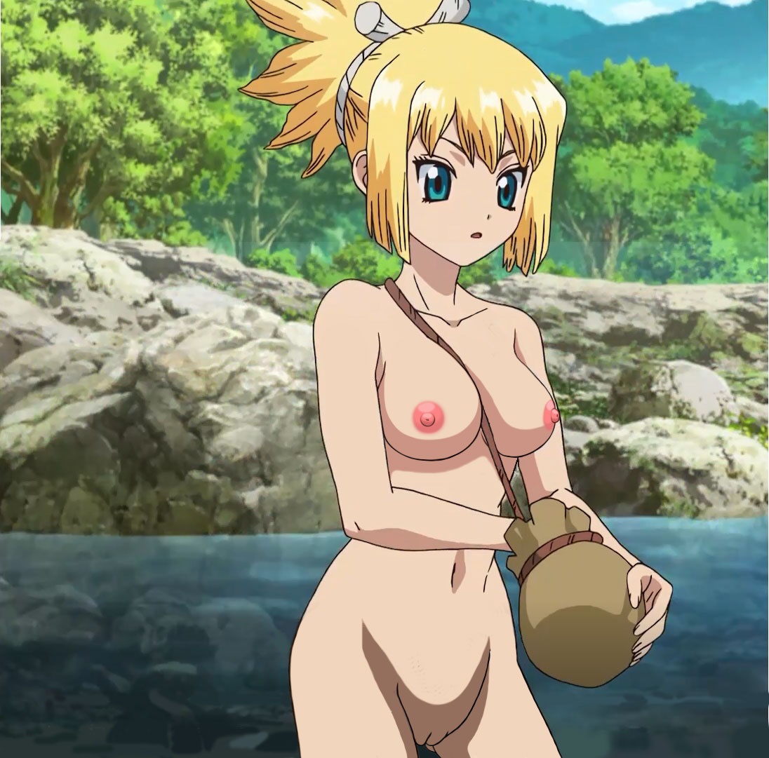 1girls, blonde hair, blonde-haired female, blue eyes, breasts, completely nude, dr.stone, faithful to the anime, female, kohaku (dr.stone), midriff, nipples, nude, nude female, nude filter, on model, pussy, river, uncensored, water