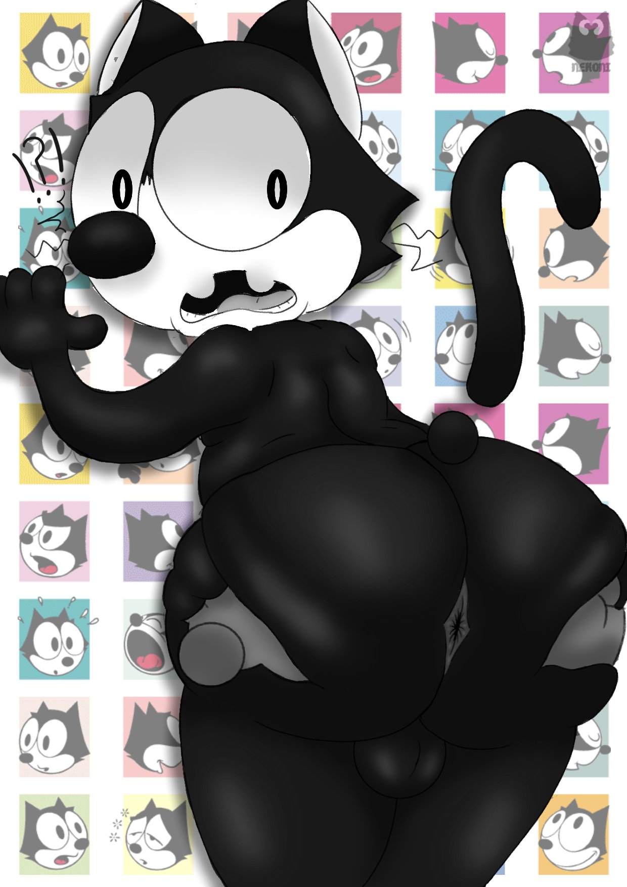 2022 ambiguous_gender anthro anus ass balls bent_over big_butt black_body black_ears black_eyes black_fur black_nose black_tail butt_grab digital_media_(artwork) disembodied_hand domestic_cat dreamworks duo exclamation_point felid feline felis felix_the_cat felix_the_cat_(series) fur genitals hand_on_butt hi_res looking_back male mammal multicolored_body multicolored_fur nekoni nude offscreen_character question_mark surprise surprised_expression tail teeth thick_thighs tongue two_tone_body two_tone_fur universal_studios white_body white_fur