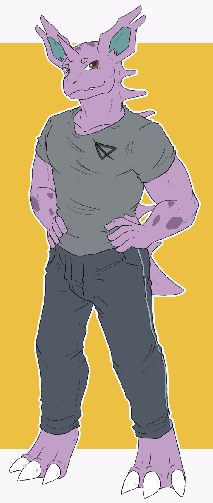 anthro bottomwear brown_eyes claws clothing cute_fangs generation_1_pokemon grey_clothing hands_on_hips hi_res lyutsirov male male_only nidorino nintendo pokemon pokemon_(species) pokemorph purple_body solo topwear