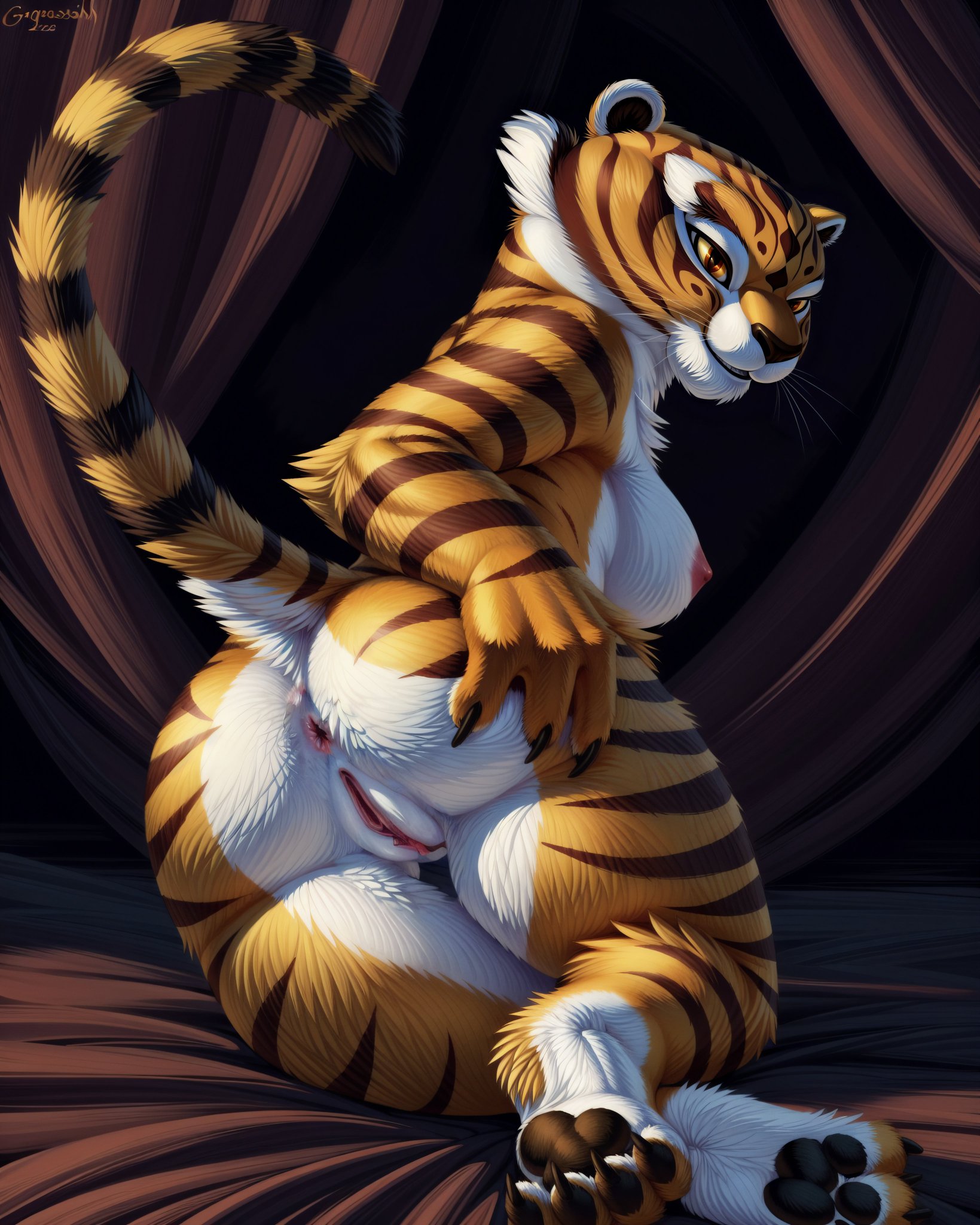 ai generated, anal, ass, breasts, female, kung fu panda, looking at viewer, master tigress, pawpads, pose, pussy, smile