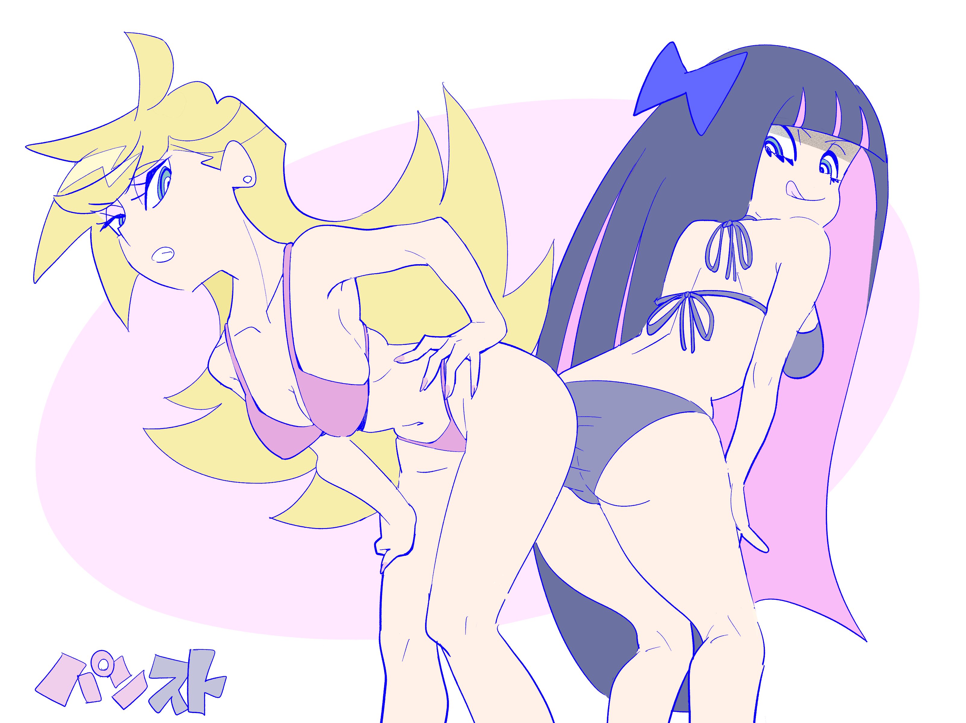404error, ass, bikini, blonde hair, breasts, covered nipples, earrings, female, female only, flat colors, long hair, panties, panty & stocking with garterbelt, panty anarchy, pixiv, stocking anarchy, tongue, tongue out