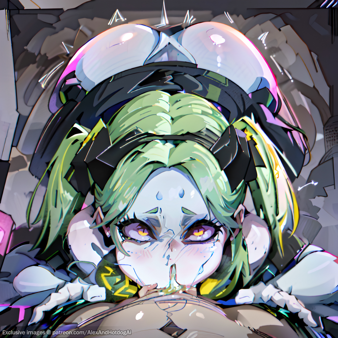 1boy, 1girls, ai generated, alexandhotdogai, all fours, all the way to the base, ass, balls, balls deep, balls deep fellatio, blowjob, cd projekt red, cum down throat, cum in mouth, cum in throat, cum on face, cute, cyberpunk (series), cyberpunk 2077, cyberpunk: edgerunners, cyborg, deepthroat, deepthroat holder, eye contact, eyelashes, fellatio, female, gag, gagging, green hair, kneeling, looking up at viewer, male, mouthful, oral, oral sex, petite, pov, rebecca (edgerunners), slim, stable diffusion, submissive female, surprised, teenager, throatpie, tongue, tongue out, twintails, white skin, yellow eyes