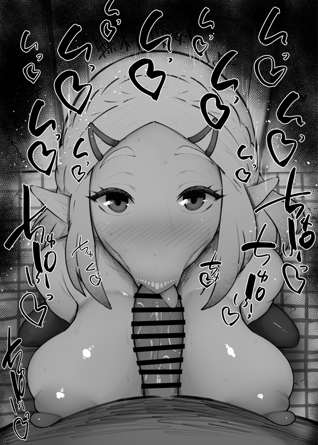 :>=, 1boy, 1girls, bare shoulders, big breasts, big penis, bimbo, black and white, blush, breasts, censored, dark skin, dark-skinned male, detailed background, drooling, erect nipple, erect nipples, eyelashes, fellatio, female, heart, humanoid, indoor, inside, interspecies, kurotama, long hair, looking at viewer, male, male pov, nintendo, nipples, oral, oral sex, partial male, penis, pointy ears, pov, princess, princess zelda, room, royalty, saliva, shiny, shiny skin, sketch, sound effects, squatting, sweat, tears of the kingdom, text, the legend of zelda, tongue, tongue out, vein, veins, veiny, veiny penis, zelda (tears of the kingdom)