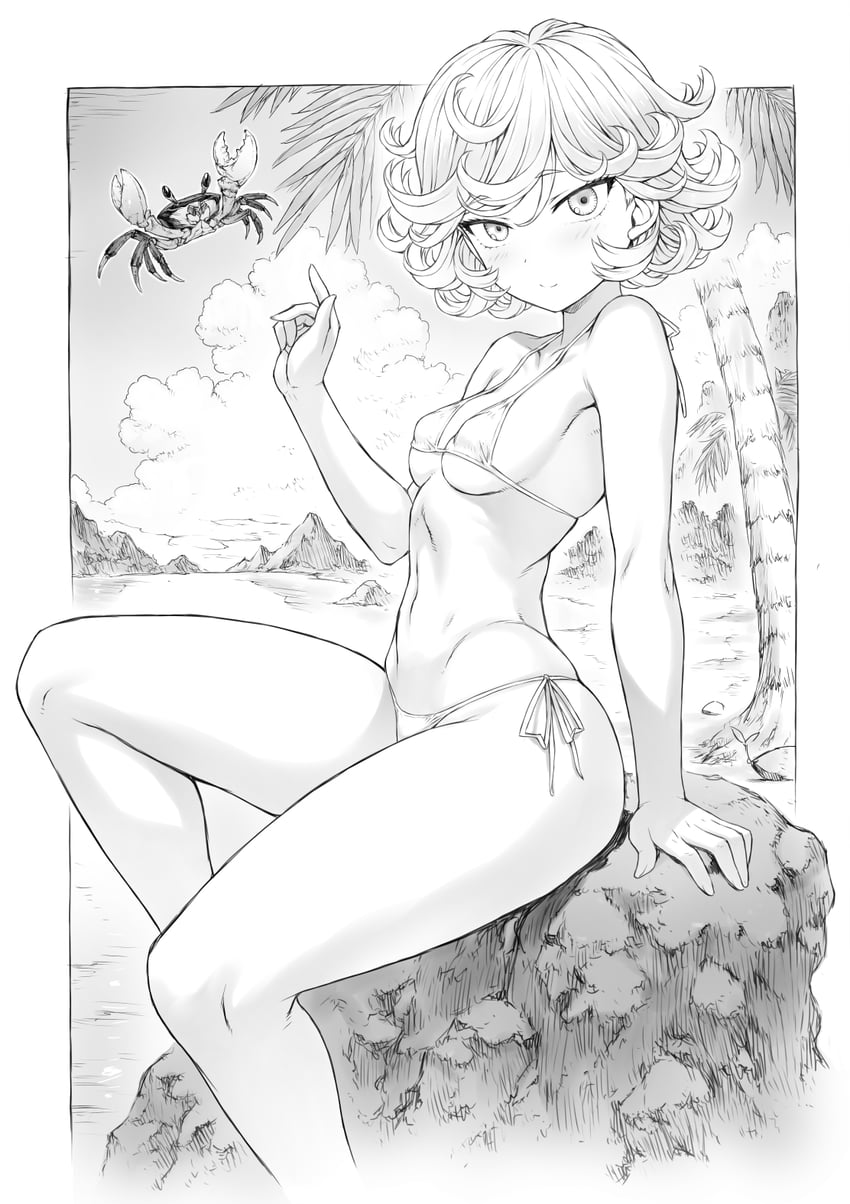 1girls arm_support bare_arms bare_shoulders beach bikini black_and_white blush breasts cloud crab greyscale hand_up looking_at_viewer micro_bikini mogudan monochrome navel one-punch_man original_proportions palm_tree rock short_hair sitting small_breasts solo tatsumaki telekinesis thighs tree white_bikini