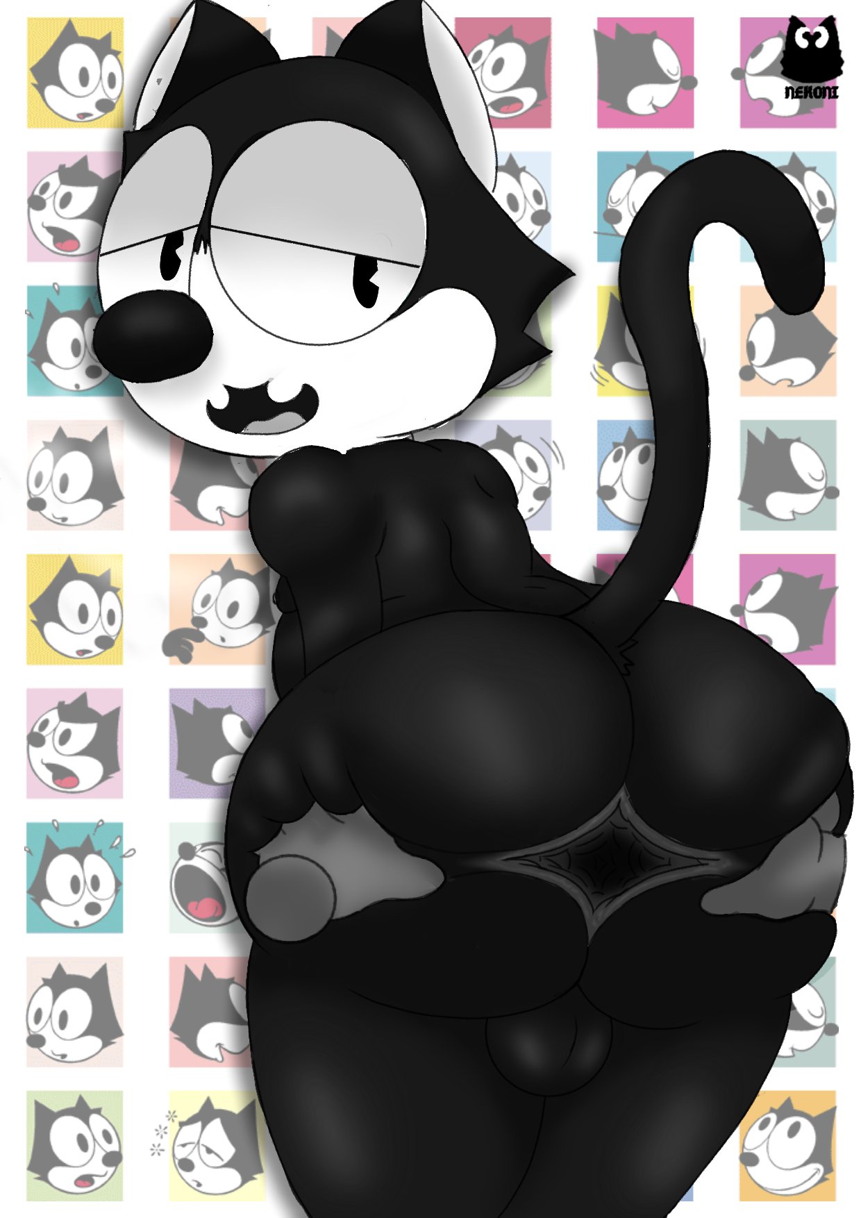 2022 ambiguous_gender anthro anus ass balls bent_over big_butt black_body black_ears black_eyes black_fur black_nose black_tail butt_grab digital_media_(artwork) disembodied_hand domestic_cat dreamworks duo felid feline felis felix_the_cat felix_the_cat_(series) fur genitals half-closed_eyes hand_on_butt hi_res looking_back looking_pleasured male mammal multicolored_body multicolored_fur narrowed_eyes nekoni offscreen_character pac-man_eyes pie_cut_eyes spread_anus spread_butt spreading tail teeth thick_thighs tongue two_tone_body two_tone_fur universal_studios white_body white_fur