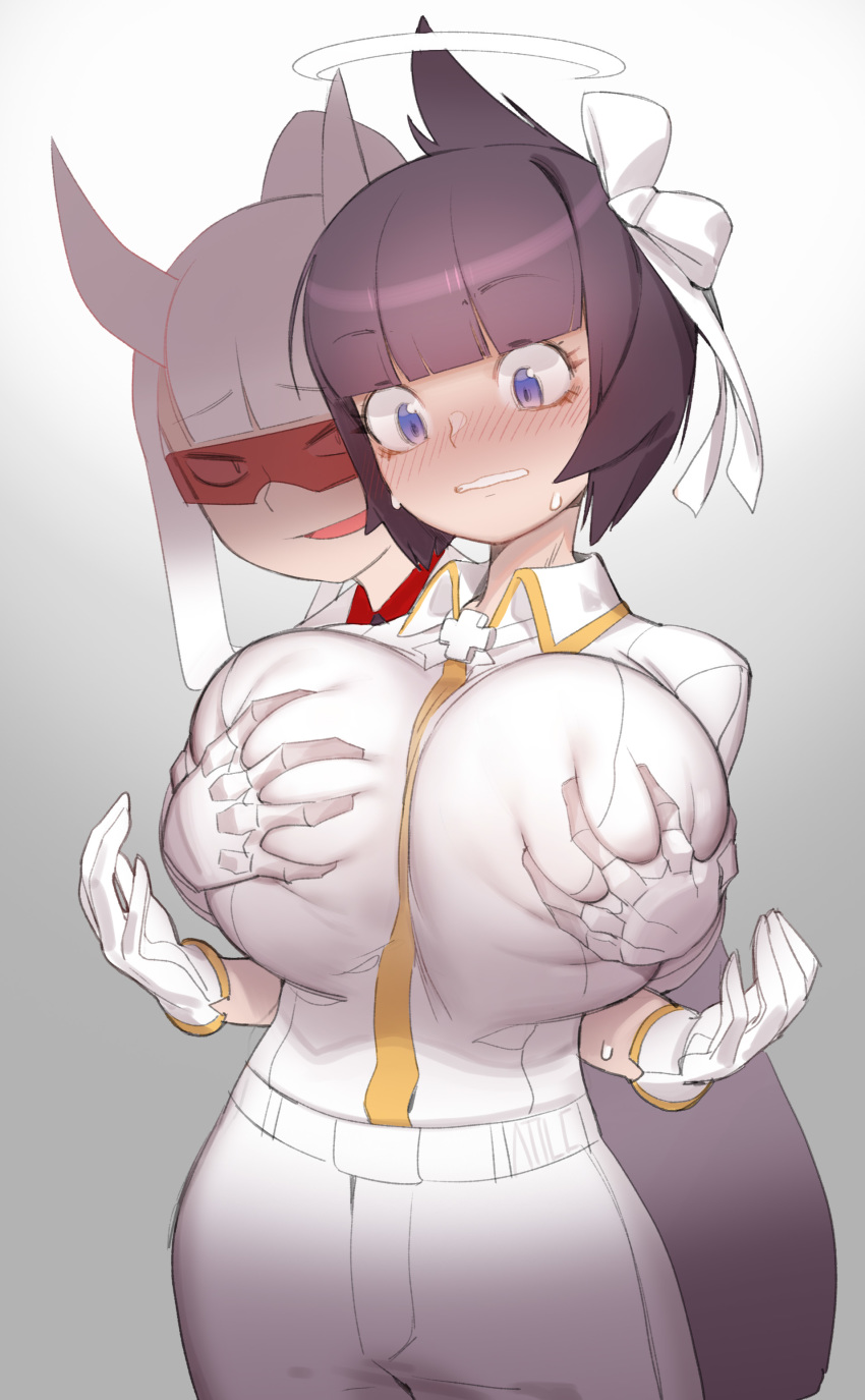2d, 2d (artwork), 2girls, angel, angel girl, azazel (helltaker), black hair, blue eyes, breasts, female, helltaker, loremaster (helltaker), multiple females, multiple girls, red-tinted eyewear, selfcest, tagme, tinted eyewear