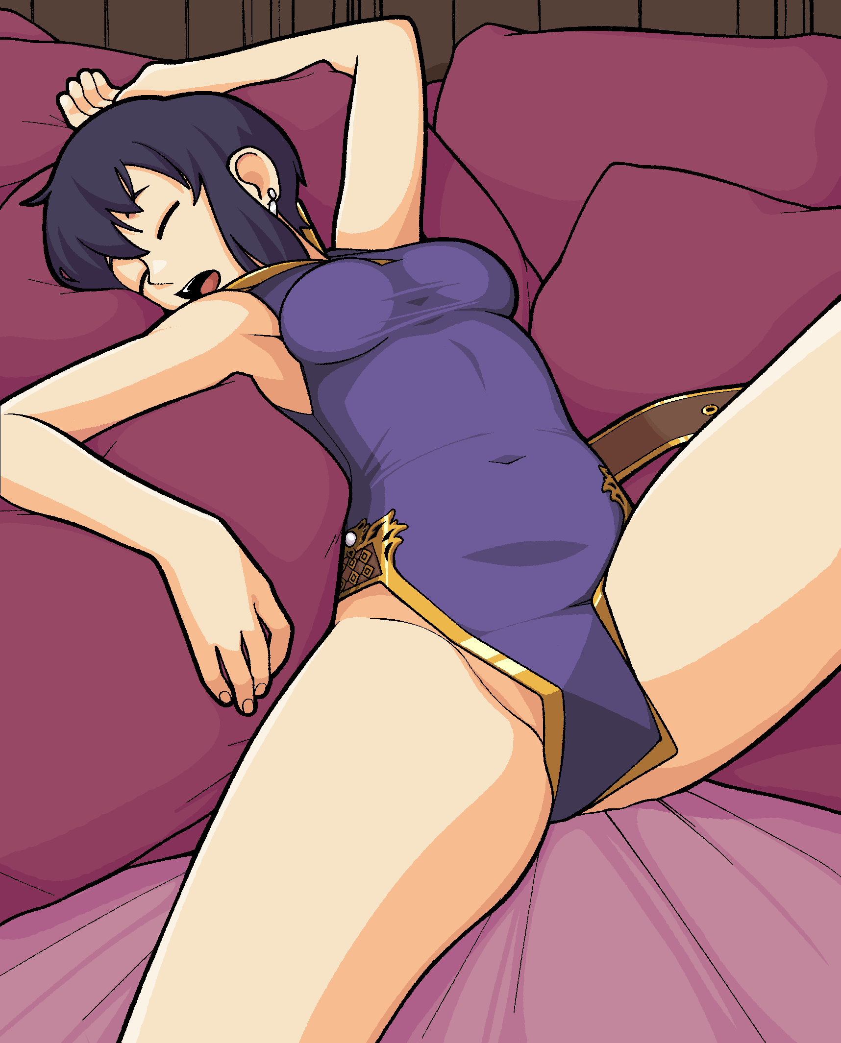 1girls bad_source bare_thighs bed bed_sheet belt black_hair breasts closed_eyes commission convenient_censoring earrings female female_only fire_emblem fire_emblem:_genealogy_of_the_holy_war fumphole highres jewelry larcei_(fire_emblem) lying navel nintendo no_panties on_back on_bed open_mouth pillow short_hair sleeping solo spread_legs thighs tomboy tunic