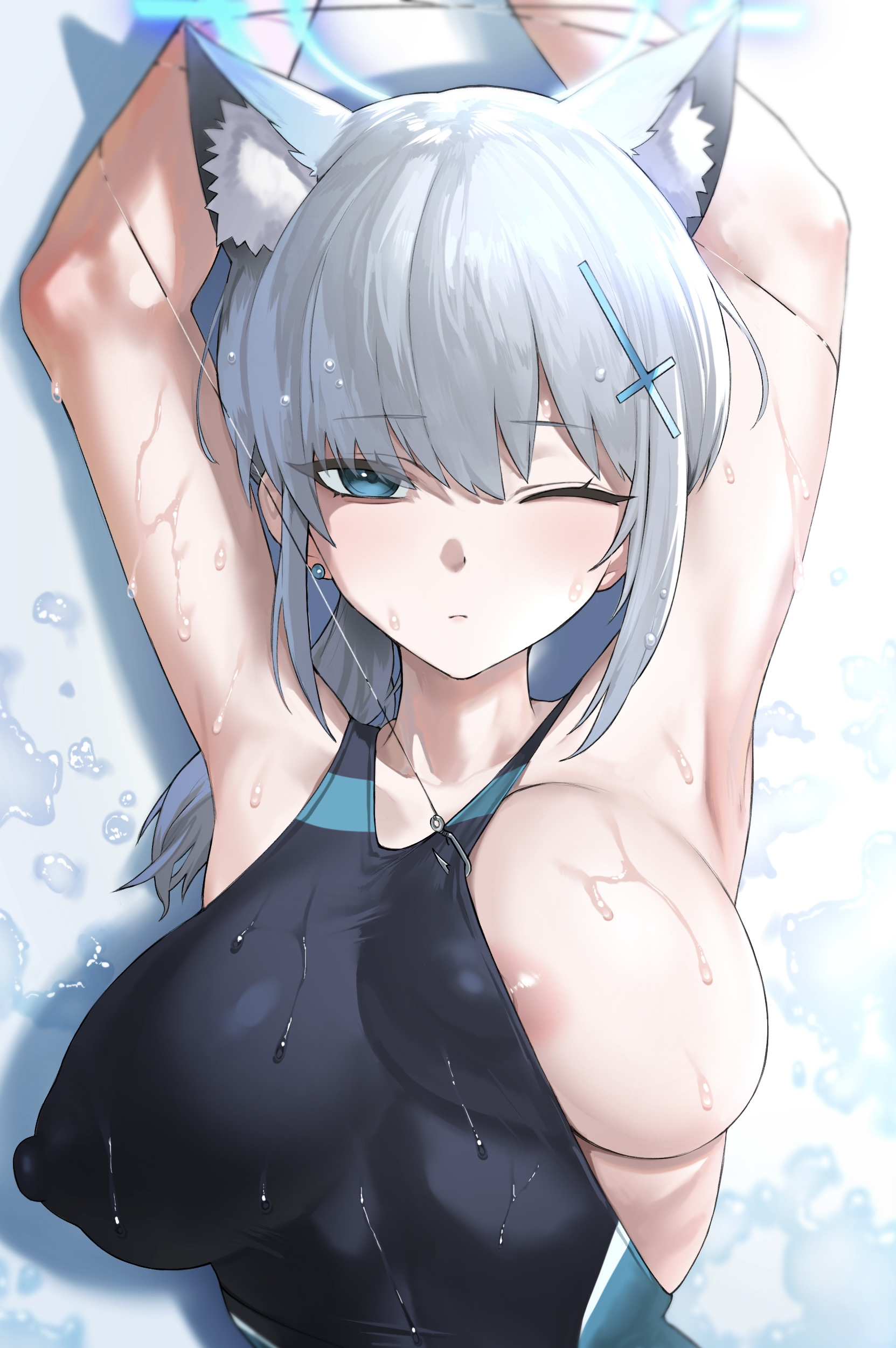 abydos high school student, armpits, artist request, blue archive, breasts, breasts out, competition swimsuit, female, foreclosure task force (blue archive), lying, lying on back, nipple slip, nipples, one eye closed, shiroko (blue archive), shiroko (swimsuit) (blue archive), tagme (artist), upper body, wet