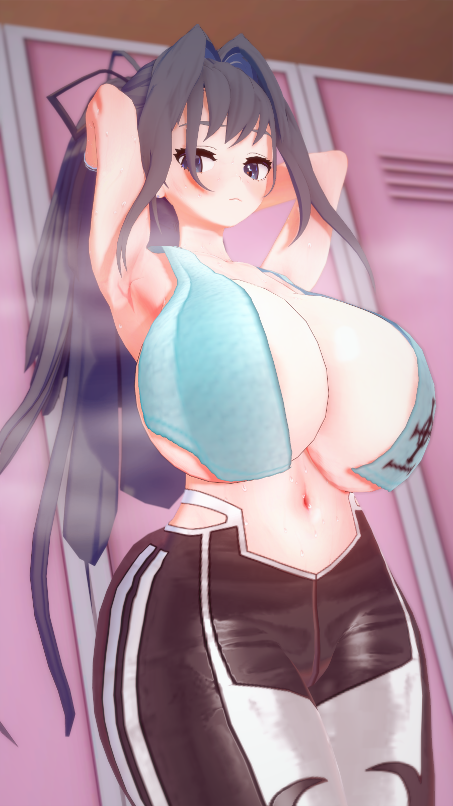 3d alternate_hairstyle blue_hair foggy gym_clothes hololive hololive_english hololive_english_-council- hololive_english_-promise- huge_breasts koikatsu locker locker_room looking_at_viewer no_bra ouro_kronii ponytail towel_around_neck towel_over_breasts virtual_youtuber