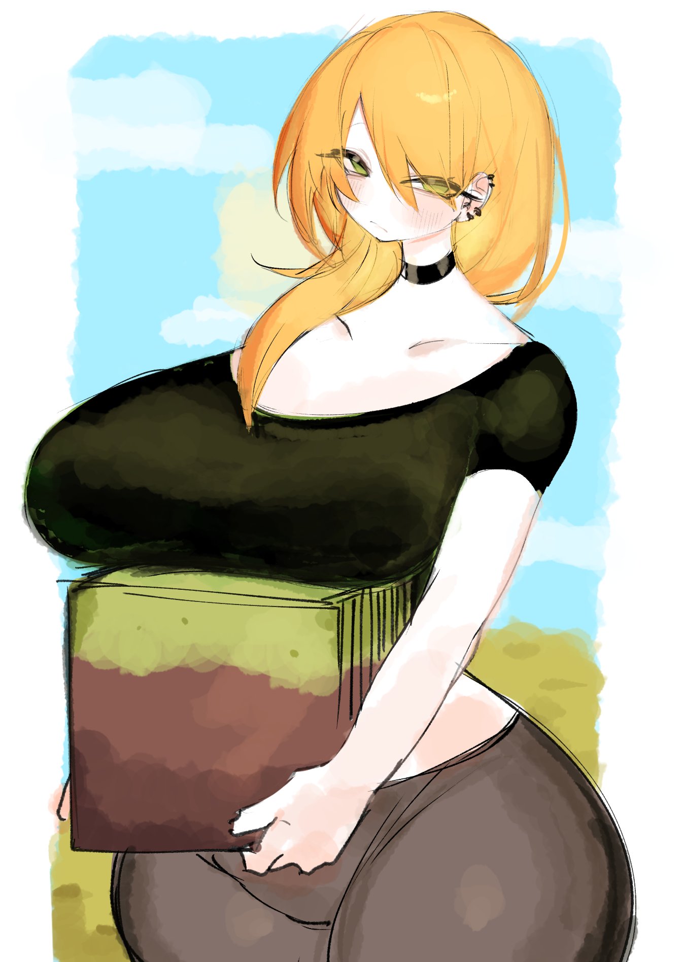 1girls, alex (minecraft), big breasts, big hips, black clothing, blushing, breasts, choker, ear piercing, fanart, female, green eyes, huge breasts, long hair, microsoft, minecraft, mojang, orange hair, thick thighs, usa37107692, voluptuous female