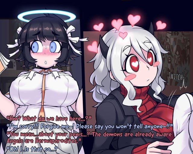 1futa 1girls 2d 2d_(artwork) angel angel_girl azazel_(helltaker) bangs big_breasts big_penis black_hair blue_eyes breasts clothed clothing cpt.lovers dialogue duo english_text erection female fully_clothed futa_on_female futanari halo helltaker humanoid light-skinned_female light-skinned_futanari light_skin lowres modeus_(helltaker) penis standing text