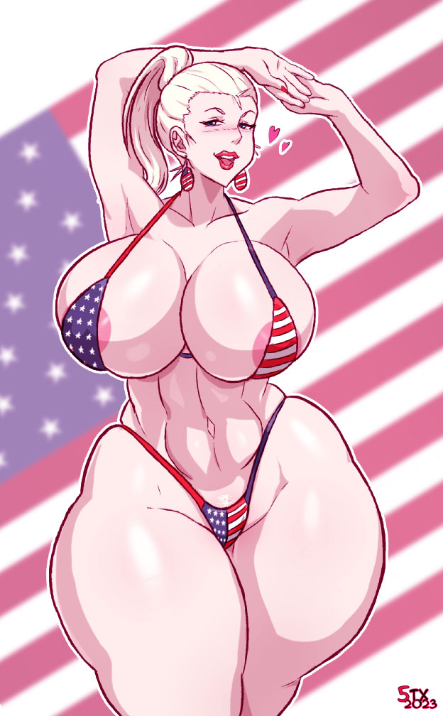 1girls 5tarex american_flag american_flag_bikini armpits big_breasts bikini bikini_bottom bikini_top blonde_female blonde_hair blonde_pubic_hair blue_eyes breasts clothing countryhumans countryhumans_girl earrings fat_ass female huge_breasts huge_thighs human lipstick long_hair looking_at_viewer micro_bikini oc original original_character ponytail pov pubic_hair red_lipstick skimpy smirk solo stretching thick_thighs united_states_of_america_(countryhumans) wide_hips