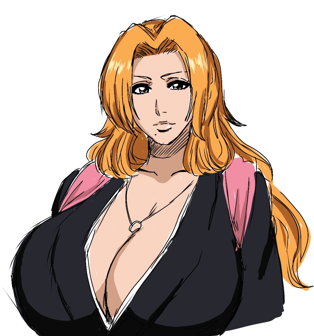 1girls, beauty mark, big breasts, bleach, blue eyes, breasts, cleavage, clothing, collar, eyelashes, female, female focus, female only, huge breasts, human, kimono, large breasts, lips, long hair, looking at viewer, matsumoto rangiku, mole, mole under eye, momiji (artist), orange hair, pinup, revealing clothes, scarf, shiny skin, simple background, skimpy, solo, solo female, thick lips, voluptuous, white background