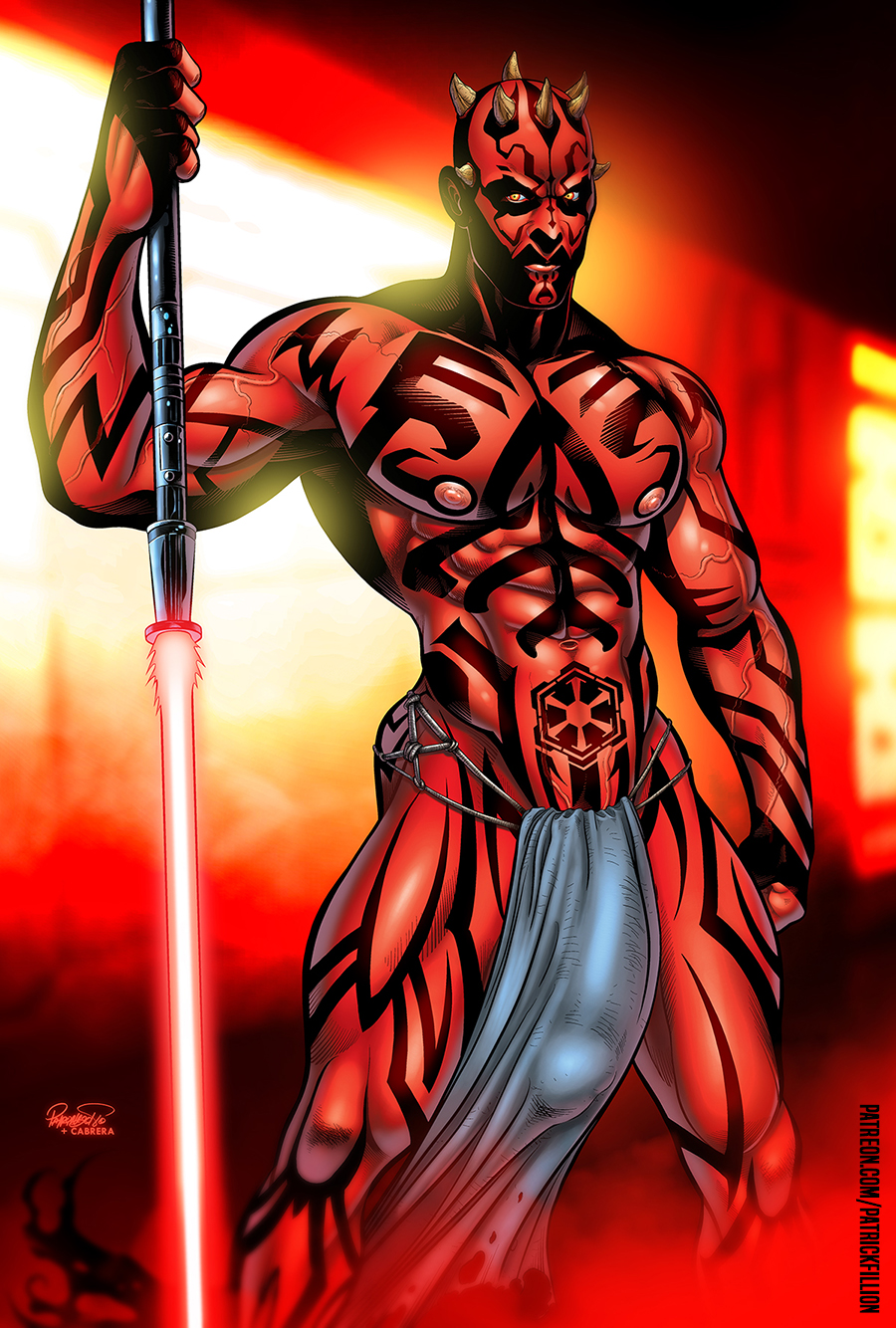 1boy 1male abs balls bara biceps big_balls big_bulge big_penis bulge bulge_through_clothing completely_nude darth_maul flaccid flaccid_penis gay hi_res highres huge_bulge huge_cock looking_at_viewer male male_focus male_only muscles muscular muscular_arms muscular_legs muscular_male muscular_thighs nipples nude patrick_fillion penis penis_outline red-skinned_male solo solo_male star_wars the_phantom_menace vein veiny_penis zabrak