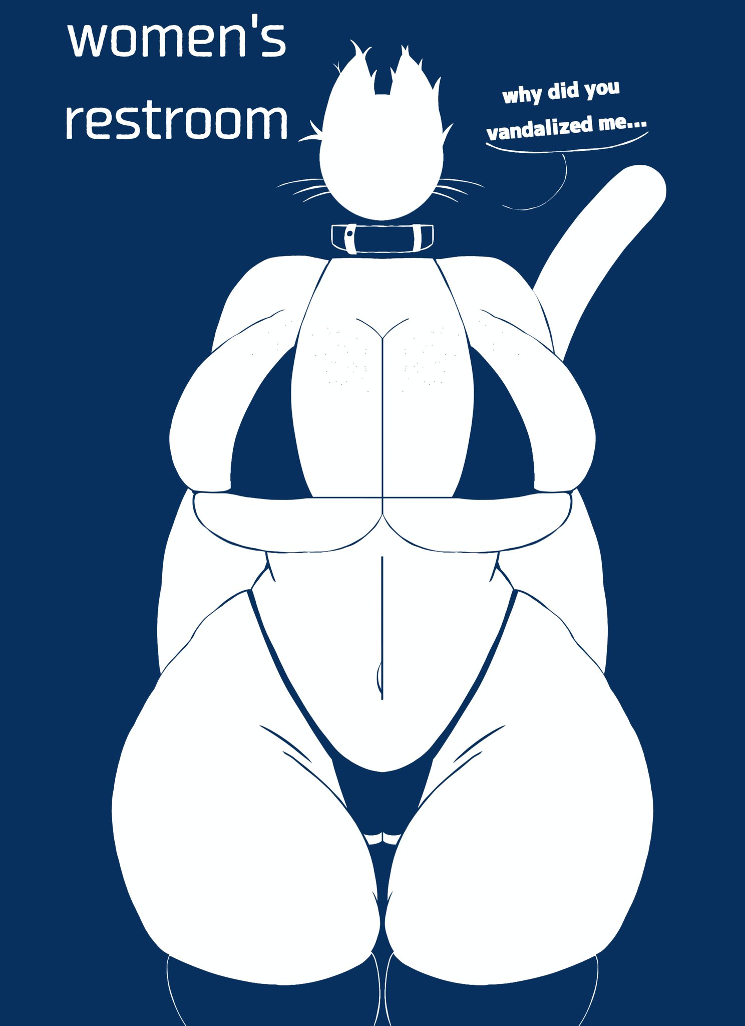 1girls, 2023, anthro, anthrofied, ass, ass visible through thighs, bathroom gender symbol, belly, big ass, big breasts, bikini, blue background, blue bikini, blue thighhighs, breasts, cat ears, cat girl, cat tail, catgirl, child bearing hips, cleavage, collar, curvy, curvy figure, dialogue, english text, feline ears, feline humanoid, female, female focus, front view, gigantic thighs, hourglass figure, huge breasts, large breasts, looking at viewer, micro bikini, midriff, pictogram, public domain, questioning, sole female, solo, solo focus, speech bubble, tail, text, thick thighs, thigh gap, thighhighs, top heavy, videogamedunky, voluptuous, voluptuous female, warning sign person, whiskers, white body, wide hips