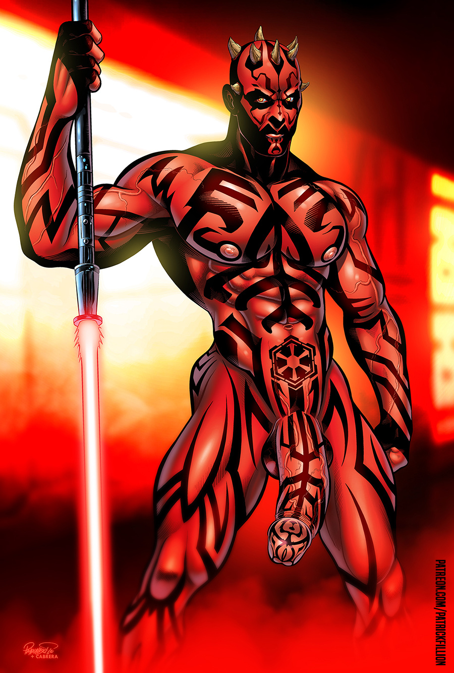 1boy 1male abs balls bara biceps big_balls big_penis completely_nude darth_maul flaccid flaccid_penis gay hi_res highres huge_cock looking_at_viewer male male_focus male_only muscles muscular muscular_arms muscular_legs muscular_male muscular_thighs nipples nude patrick_fillion penis red-skinned_male solo solo_male star_wars the_phantom_menace vein veiny_penis zabrak