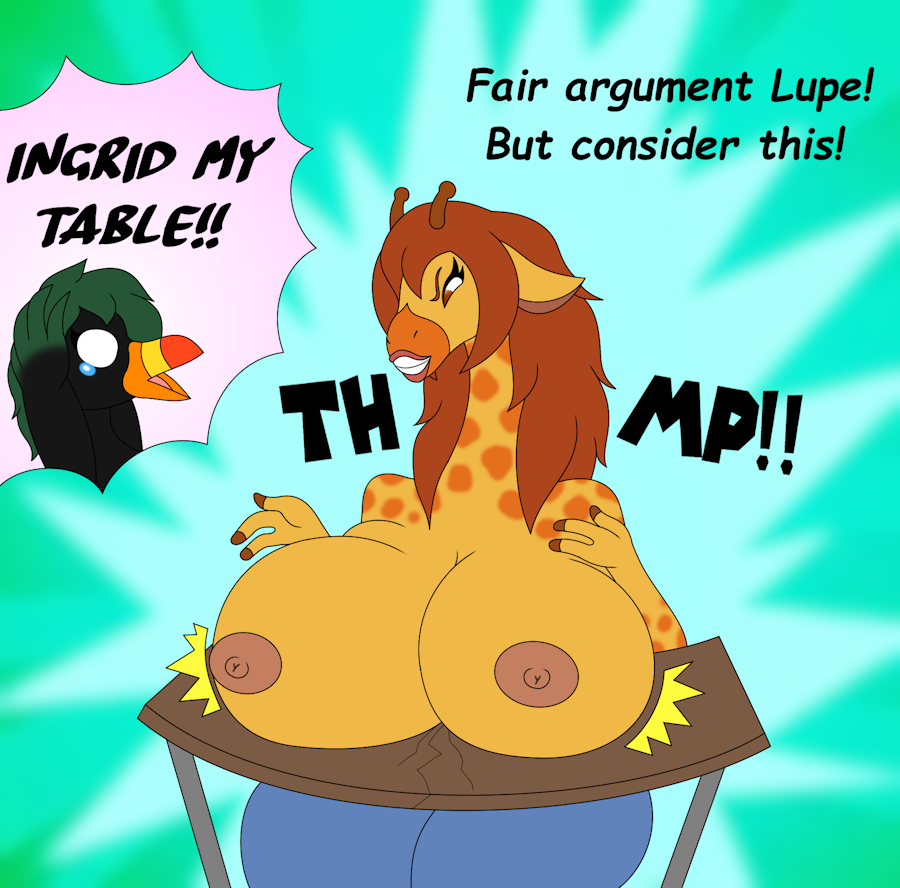 anthro avian big_breasts bird breaking breast_drop breasts broken_table cartoon_network curvaceous curvy_figure duo fair_argument_but… female foxtide888 freaking_out furniture giraffe giraffid heavy huge_breasts ingrid_giraffe looking_down lupe_toucan mammal meme my_gym_partner's_a_monkey nipples sitting table toucan voluptuous