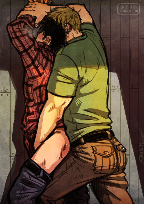 2boys anal arms_up ass bad_id bad_tumblr_id bara black_hair blonde_hair blush brown_pants clothed_sex clothes_pull couple crisart crotch_grab denim ear_piercing feet_out_of_frame grabbing_another's_arm green_shirt heads_together hulkling implied_handjob jeans male_focus male_only marvel multiple_boys pants pants_pull piercing reach-around sex sex_from_behind shirt short_hair sideburns standing standing_sex thick_eyebrows toned toned_male wiccan yaoi