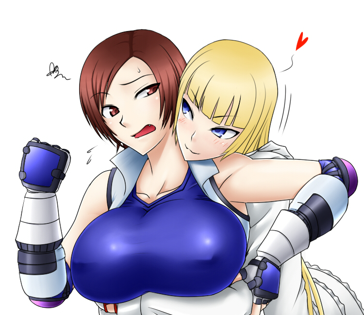 2010 2girls arms_under_breasts bandai_namco bare_shoulders big_breasts blonde_hair blue_clothing blue_crop_top blue_eyes blue_shirt breast_hold breast_lift brown_eyes brown_hair crop_top do_konjouuo dress elbow_pads emilie_de_rochefort erect_nipples_under_clothes fingerless_gloves frilled_dress frills from_behind gloves heart hug hug_from_behind huge_breasts jacket jumpsuit kazama_asuka large_breasts long_hair long_sleeves looking_at_another multiple_girls namco naughty_face nipples_visible_through_clothing oerba_yun_fang open_mouth rivals shirt short_hair shy sleeveless sleeveless_jacket smile sweatdrop tekken tomboy upper_body white_background white_clothing white_dress yuri