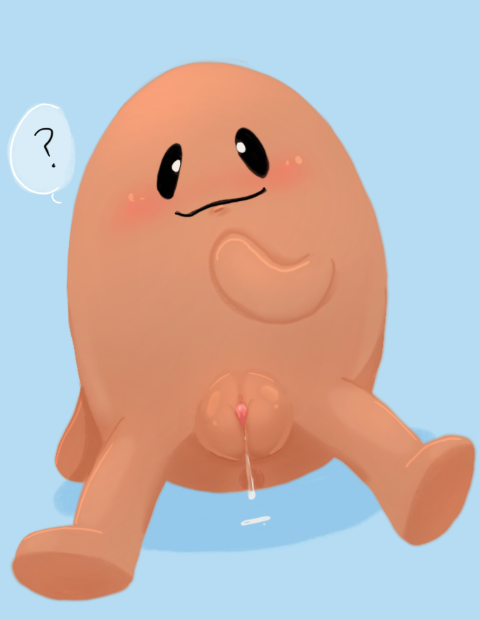 aroused bean_(dumb_ways_to_die) brown_body calamity_(dumb_ways_to_die) cum dumb_ways_to_die female looking_at_viewer non-human pussy question_mark simple_background sitting toony toony_expression