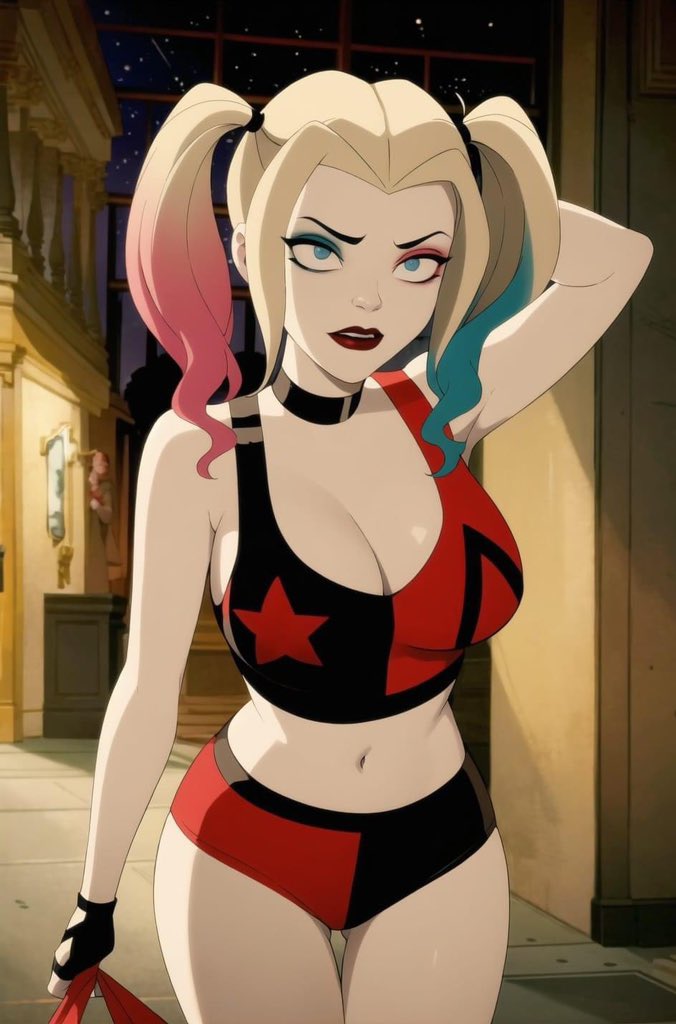 ai generated, cleavage, clothed, dc, dc comics, female, harley quinn, hot pants, tagme