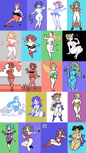 20girls 6+girls bikini blonde_hair blue_hair character_request copyright_request dragon_ball female_only good_launch launch mario_(series) multiple_girls peter_pan_(disney) pixel_art princess_peach stetson tinker_bell truevector