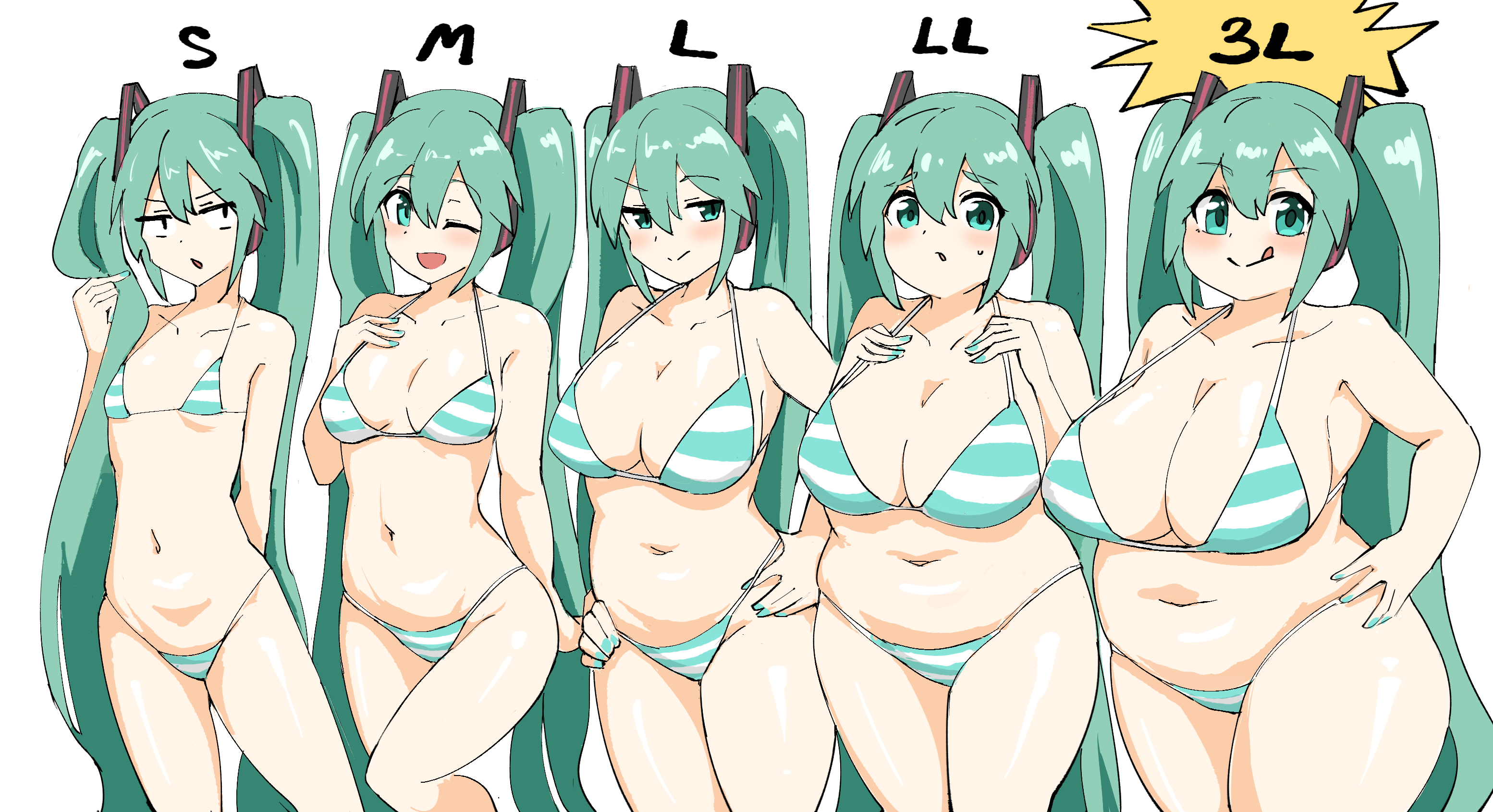 1girls, 5girls, alternate breast size, anime, aqua eyes, aqua hair, artist request, belly, big breasts, bikini, blush, breast envy, breast size difference, breasts, chubby, cleavage, clone, fat, female, flat chest, green hair, hand on hip, hatsune miku, huge breasts, large breasts, long hair, looking at viewer, medium breasts, multiple girls, nail polish, navel, one eye closed, open mouth, plump, size difference, skinny, small breasts, smile, striped, striped bikini, swimsuit, tagme, tentenchan2525, thin, tongue, tongue out, twintails, very long hair, vocaloid