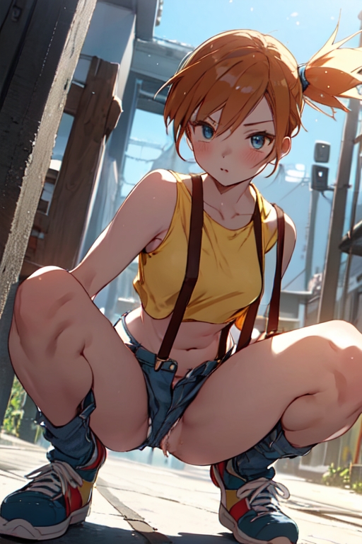 1girls, ai generated, aigeneratedp, barely visible genitalia, clothed, female, female only, kasumi (pokemon), looking at viewer, orange hair, pokemon, red hair, shoes, sneakers, solo, spread legs, spreading, tank top