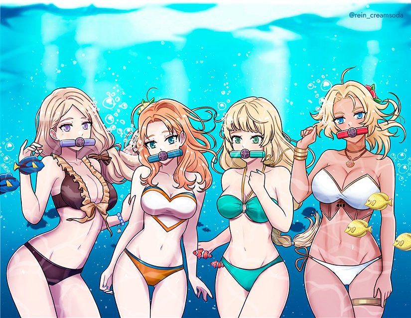 4girls alternate_costume alternate_hairstyle annette_fantine_dominic bikini blonde_hair blue_eyes brown_bikini brown_swimsuit catherine_(fire_emblem) cleavage diving female female_only fire_emblem fire_emblem:_three_houses fire_emblem_heroes fish green_bikini green_eyes green_swimsuit hair_over_shoulder ingrid_brandl_galatea large_breasts long_hair looking_at_viewer medium_breasts medium_hair mercedes_von_martritz multiple_girls nintendo official_alternate_costume orange_bikini orange_hair orange_swimsuit ponytail rebreather rein_creamsoda short_hair side_ponytail small_breasts swimsuit underwater white_bikini white_swimsuit