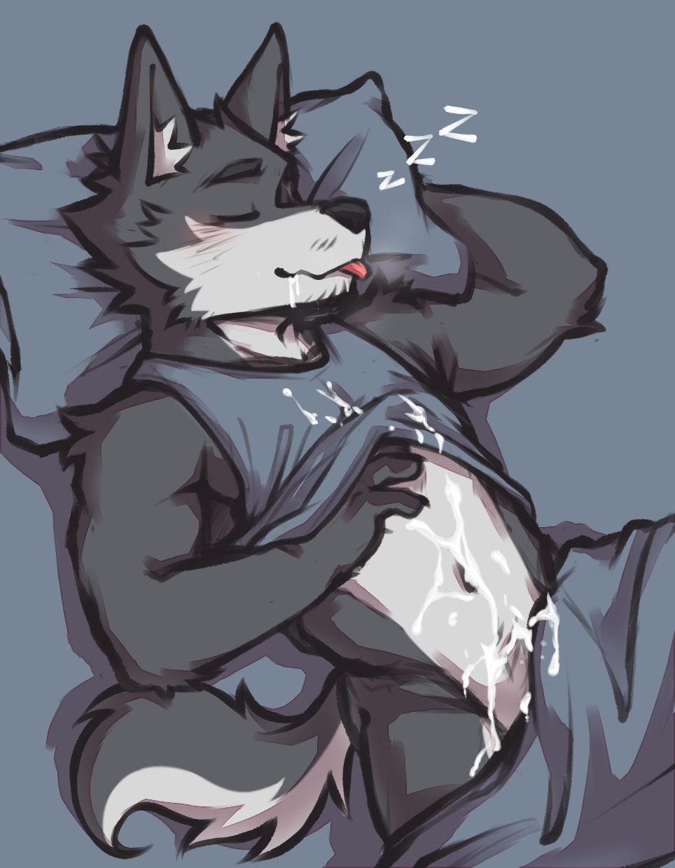 anthro blush canid canine canis clothed clothing cum_in_self flunky flunky_(character) fur furniture hi_res male male_only mammal pillow sleeping solo wolf