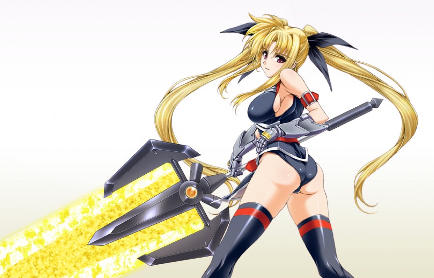 ass bardiche blonde_hair fate_testarossa mahou_shoujo_lyrical_nanoha mahou_shoujo_lyrical_nanoha_strikers oppai purple_eyes sideboob thighhighs tied_hair twintails yatsushima_tetsuya