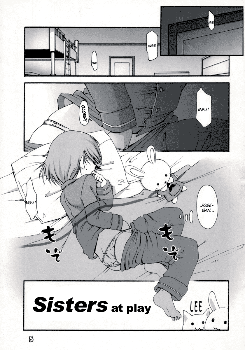 barefoot bed bob_cut clothing comic doujinshi feet gunslinger_girl hand_in_panties hard_translated henrietta_(gunslinger_girl) high_res highres lying masturbation monochrome on_side pajamas pajamas_pull panties pillow short_hair solo translated underwear