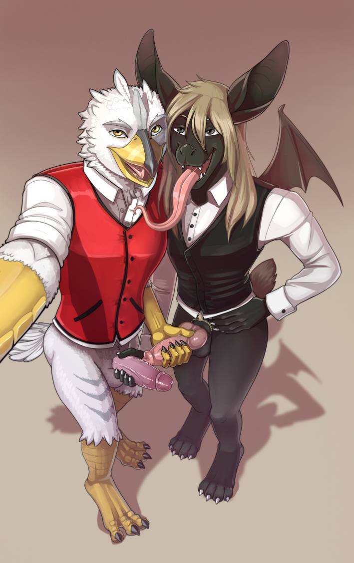 2boys accipitrid accipitriform anthro avian balls beak biobatz bird bottomless chiropteran circumcised claws clothed clothing duo eagle erection fangs feathers frottage genitals hair handjob holding_camera holding_object holding_penis humanoid_genitalia humanoid_penis knot long_hair long_tongue looking_at_viewer male mammal mutual_handjob mutual_masturbation odu penile penis sex simon_supronimo small_tail small_wings smile suit tail_feathers tongue tongue_out topwear vest wings