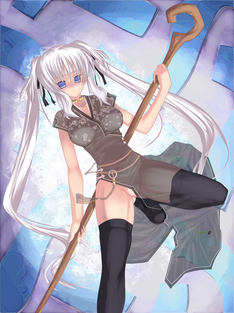 coffee_cat hair_ribbon long_hair lying mabinogi nao no_panties nopan ribbon see-through staff thighhighs tied_hair twintails very_long_hair white_hair