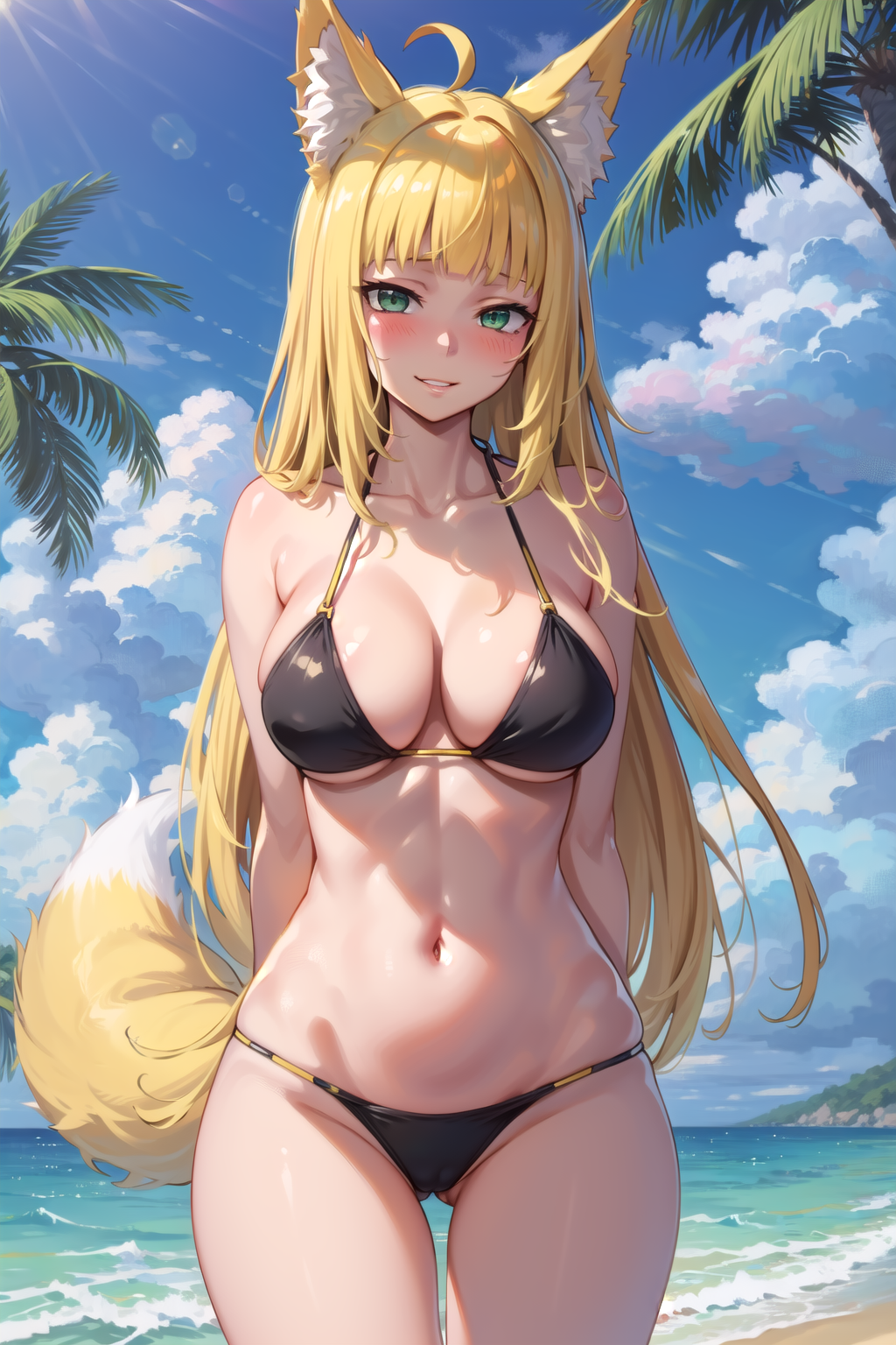 1girls ai_generated beach big_breasts bikini blonde_hair blush cleavage dungeon_ni_deai_wo_motomeru_no_wa_machigatteiru_darou_ka haruhime large_breasts long_hair sanjouno_haruhime smile swimsuit tagme