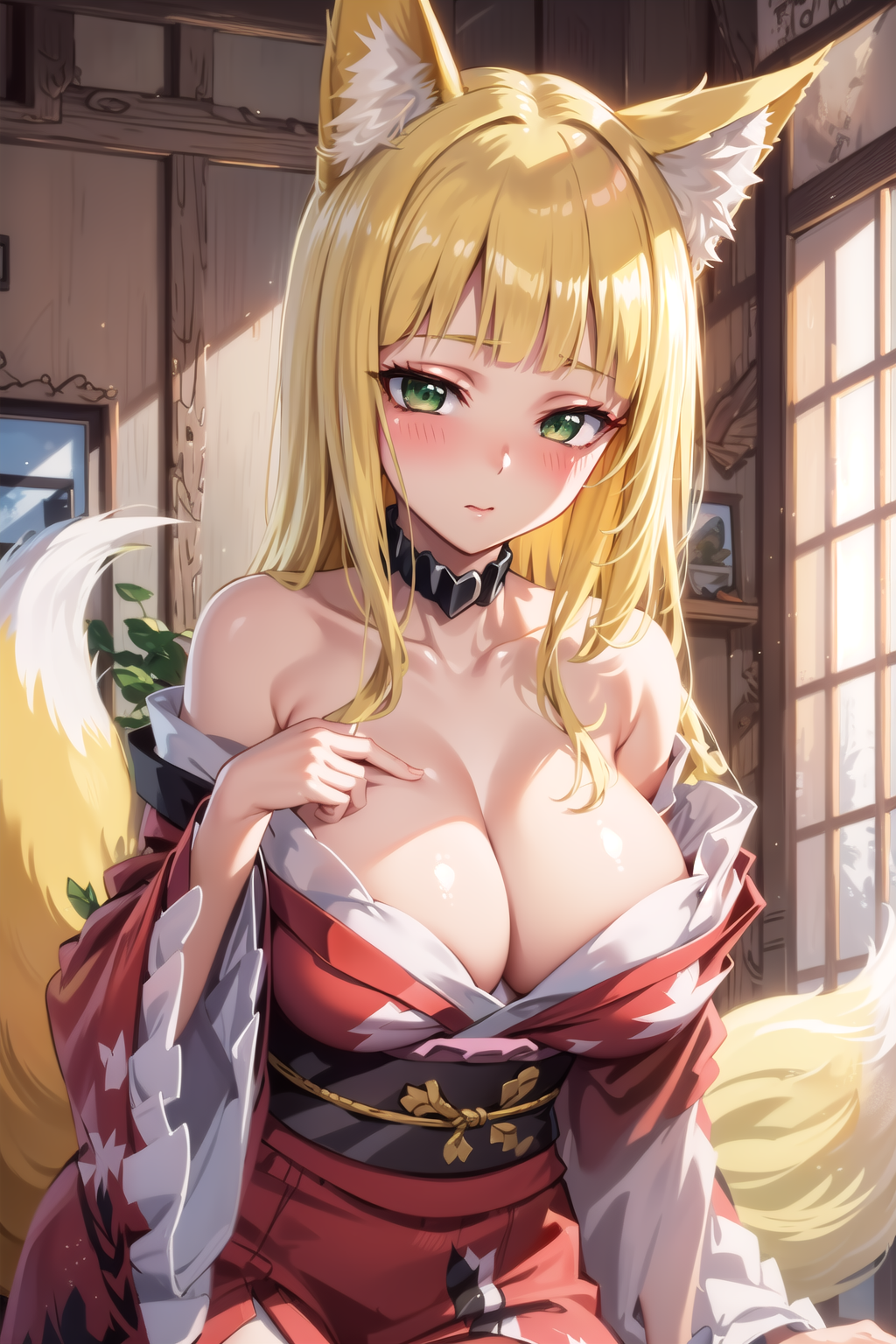 1girls ai_generated big_breasts blonde_hair dungeon_ni_deai_wo_motomeru_no_wa_machigatteiru_darou_ka fox_girl green_eyes haruhime japanese_clothes kemonomimi kimono large_breasts sanjouno_haruhime smile solo tagme