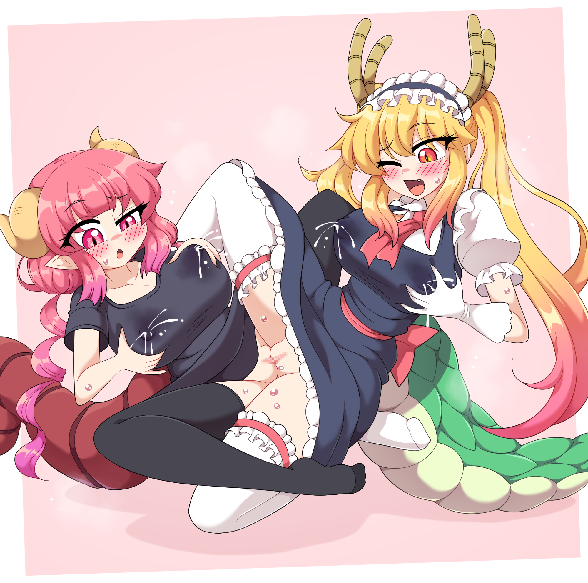 2girls, big breasts, breast grab, breasts, female, female only, female/female, huge breasts, ilulu (dragon maid), lactation, milk squirt, miss kobayashi's dragon maid, scissoring, tagme, tohru (dragon maid), tribadism, wb (dl4239dl), yuri