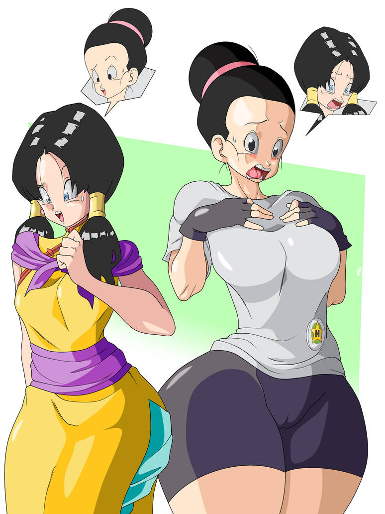 2girls big_breasts black_eyes black_hair blue_eyes bodyswap breasts chichi chichi_(cosplay) clothes_swap costume_switch dragon_ball dragon_ball_super dragon_ball_z female female_only light-skinned_female light_skin milf mother-in-law_and_daughter-in-law mrdraman multiple_girls outfit_swap surprised twintails videl videl_(cosplay) wide_hips