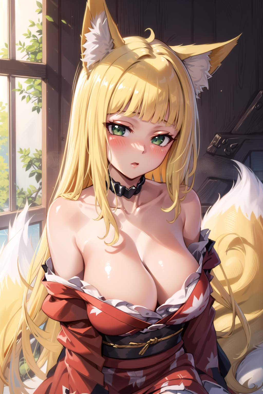 1girls ai_generated big_breasts blonde_hair dungeon_ni_deai_wo_motomeru_no_wa_machigatteiru_darou_ka fox_girl green_eyes haruhime japanese_clothes kemonomimi kimono large_breasts sanjouno_haruhime smile solo tagme