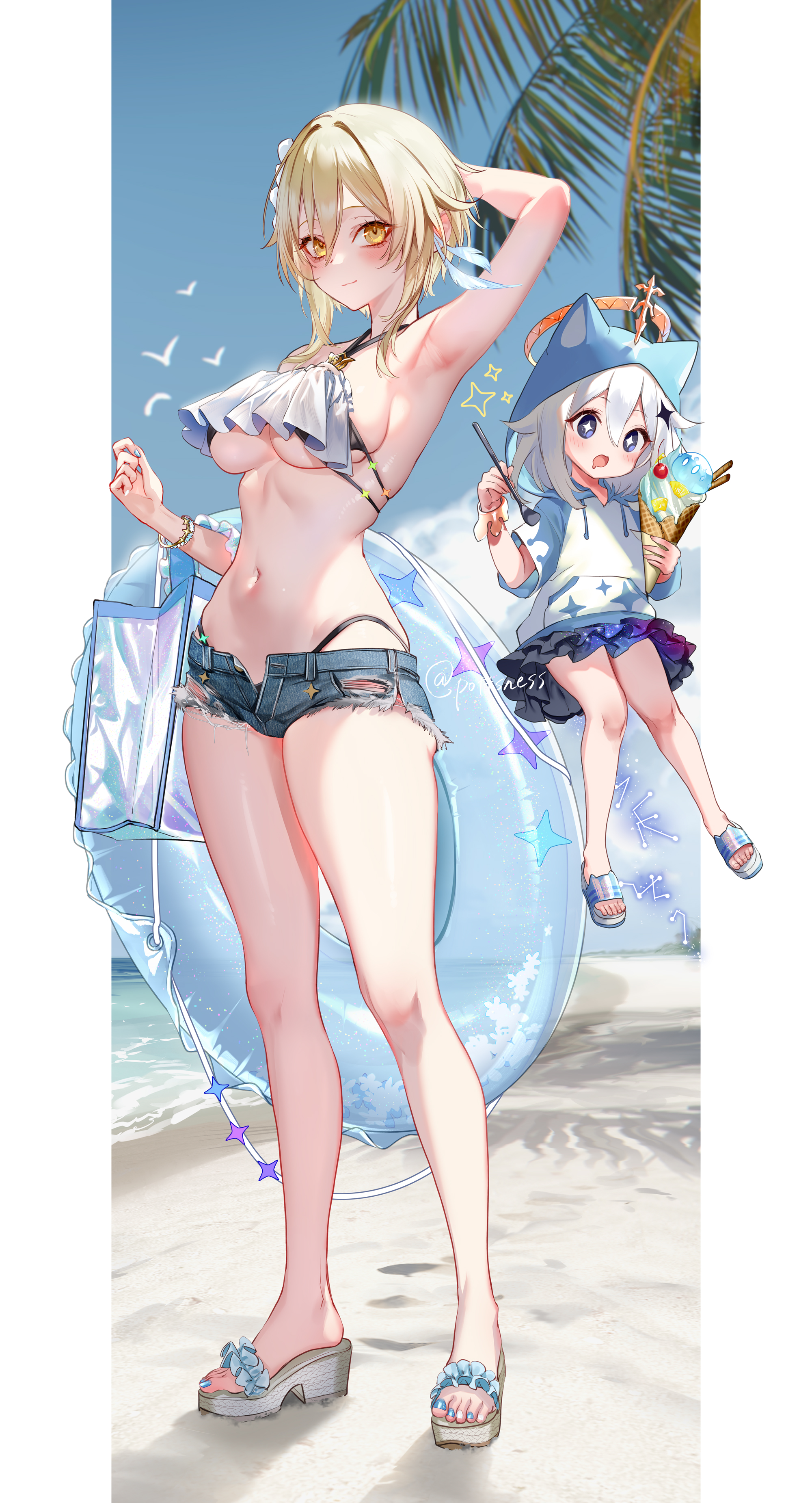 2girls, alternate costume, beach, bikini, female, genshin impact, looking at viewer, lumine (genshin impact), paimon (genshin impact), pottsness