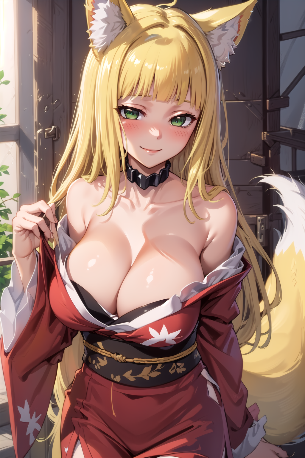 1girls ai_generated big_breasts blonde_hair dungeon_ni_deai_wo_motomeru_no_wa_machigatteiru_darou_ka fox_girl green_eyes haruhime japanese_clothes kemonomimi kimono large_breasts sanjouno_haruhime smile solo tagme