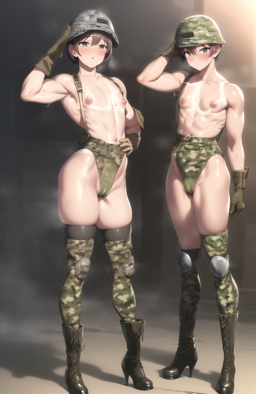 2boys ai_generated clothing cuntboy cuntboy_only helmet high_heel_boots high_heels intersex light-skinned_cuntboy light_skin lust_family_(artist) male military_uniform nipples thighhighs