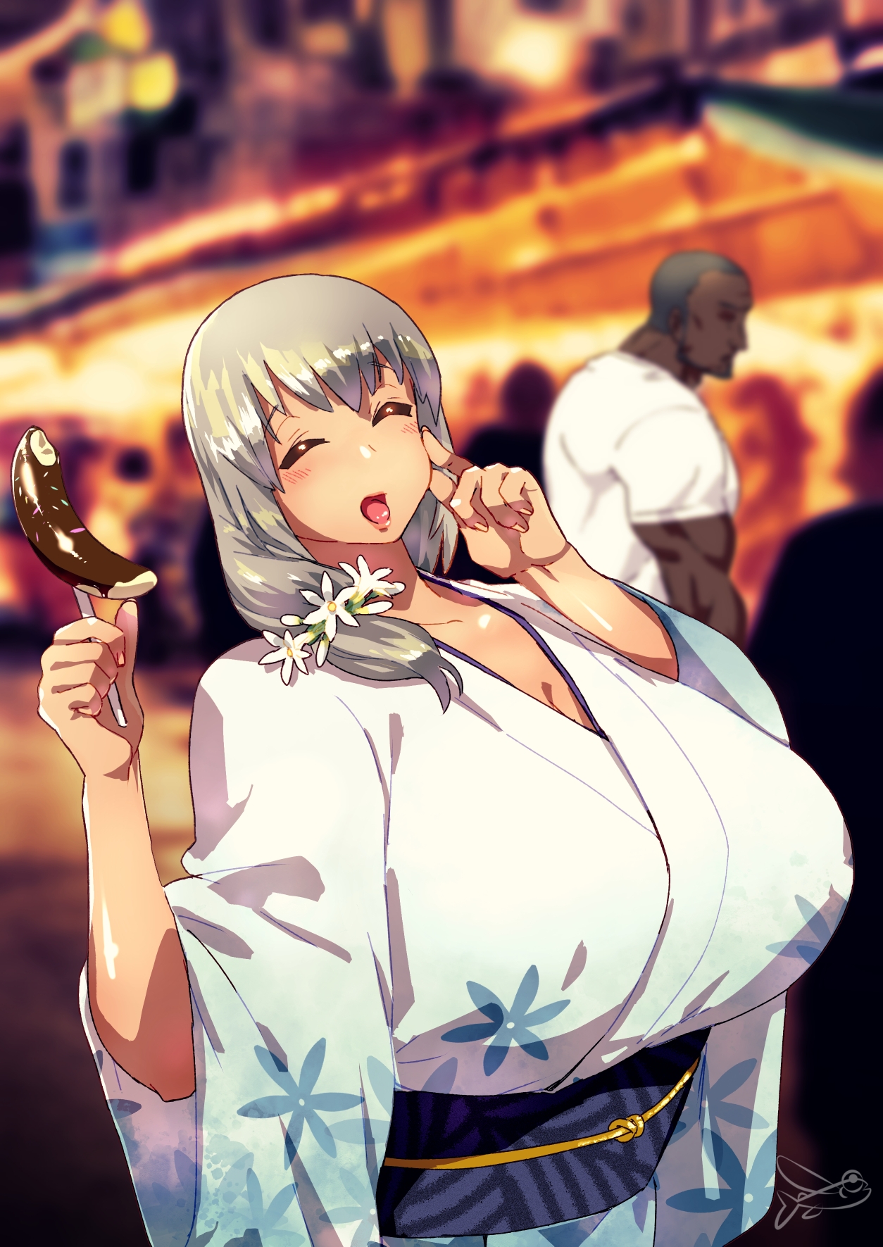 1boy, 1girls, ago dashi7532, banana, big breasts, breasts, chocolate and vanilla, city background, dark skin, dark-skinned male, female, grey hair, hi res, high resolution, highres, huge breasts, interracial, kimono, large breasts, light skin, light-skinned female, male, male/female, mature, mature female, milf, night, ntr, standing, uzaki tsuki, uzaki-chan wa asobitai!